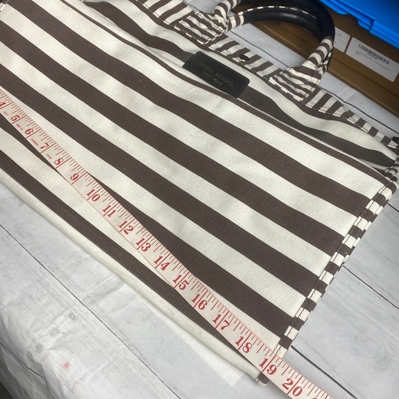 Henri Bendel Striped Canvas Tote Bag Brown White Signature Large - Picture 10 of 15